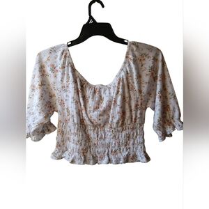 Floral White Smocked Crop Blouse Peasant Style Wallflower Juniors XL